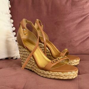 Donna Karan Tan Leather Espadrille Wedge Sandals with Gold Chain